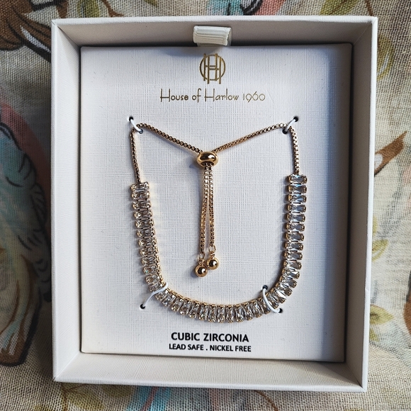 House of Harlow Gold Tone Clear Cubic Zirconia Baguette Bracelet Anklet Slider - Picture 1 of 11